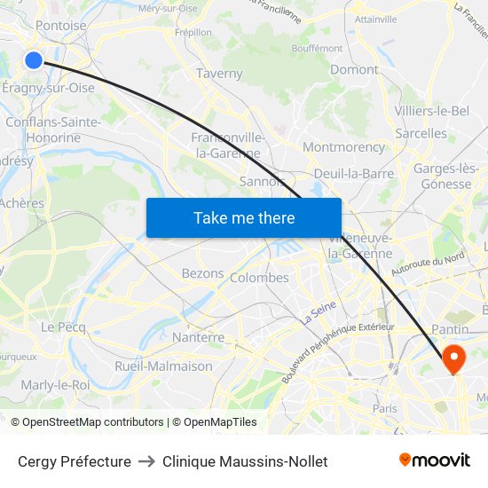 Cergy Préfecture to Clinique Maussins-Nollet map
