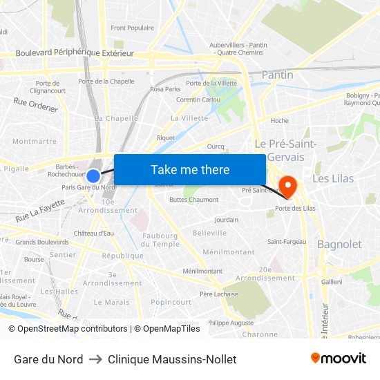 Gare du Nord to Clinique Maussins-Nollet map