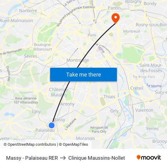 Massy - Palaiseau RER to Clinique Maussins-Nollet map