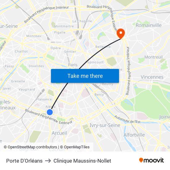 Porte D'Orléans to Clinique Maussins-Nollet map