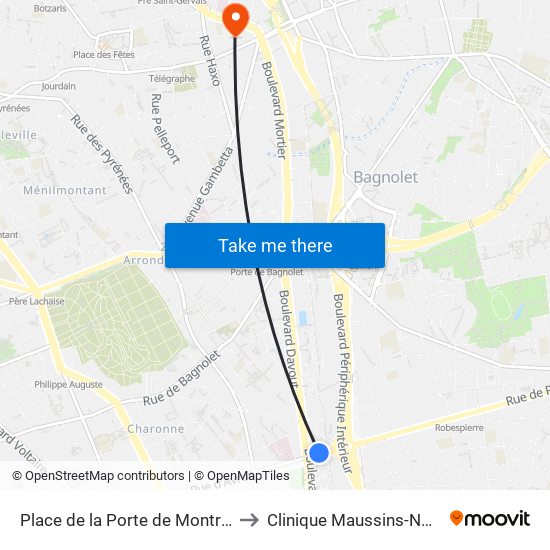 Place de la Porte de Montreuil to Clinique Maussins-Nollet map