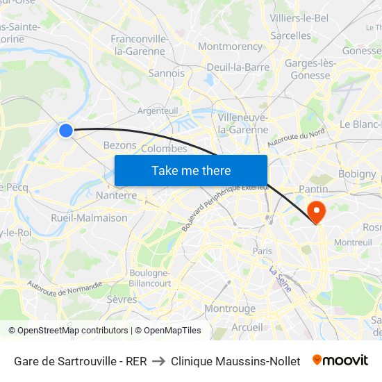 Gare de Sartrouville - RER to Clinique Maussins-Nollet map