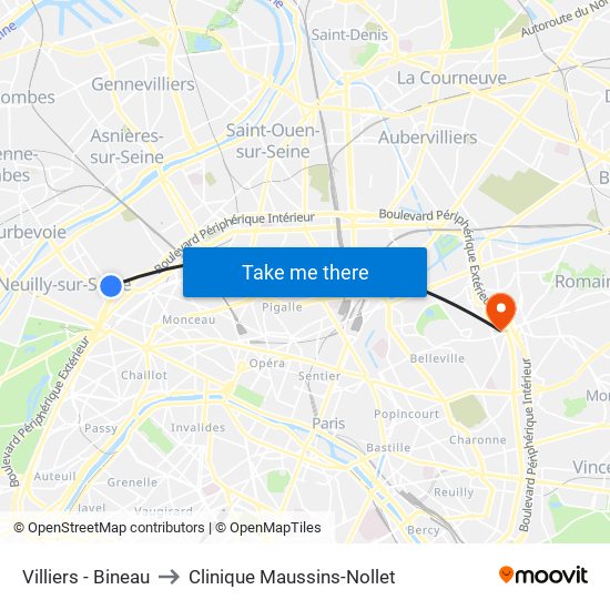 Villiers - Bineau to Clinique Maussins-Nollet map