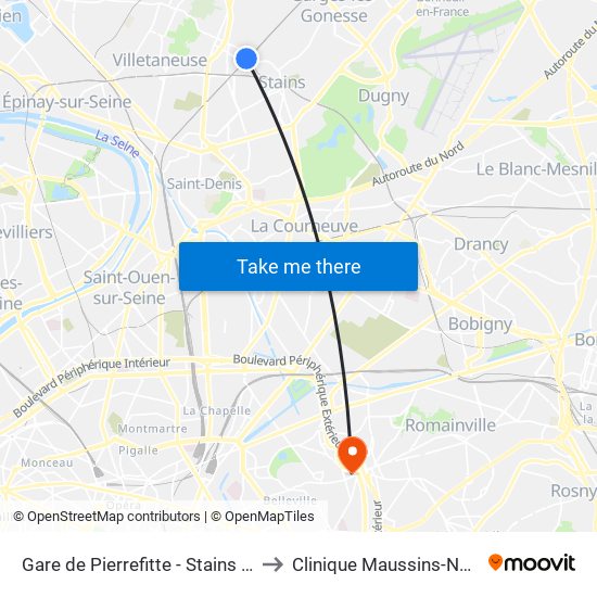 Gare de Pierrefitte - Stains RER to Clinique Maussins-Nollet map