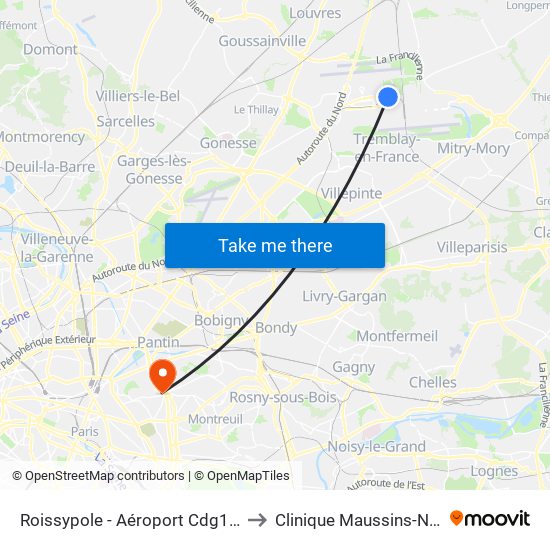 Roissypole - Aéroport Cdg1 (G1) to Clinique Maussins-Nollet map