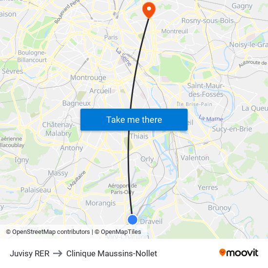 Juvisy RER to Clinique Maussins-Nollet map