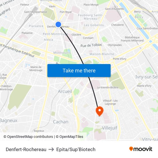 Denfert-Rochereau to Epita/Sup'Biotech map