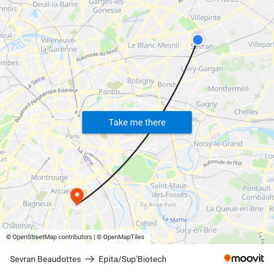 Sevran Beaudottes to Epita/Sup'Biotech map