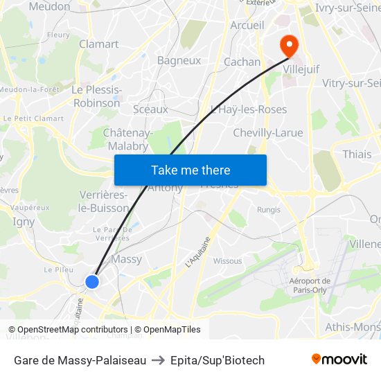 Gare de Massy-Palaiseau to Epita/Sup'Biotech map