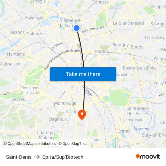 Saint-Denis to Epita/Sup'Biotech map