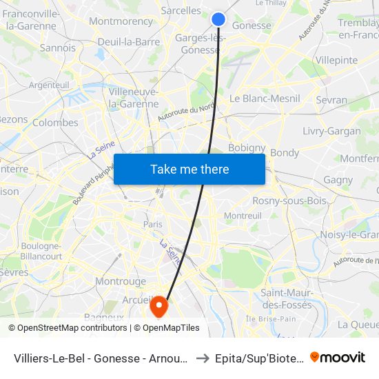 Villiers-Le-Bel - Gonesse - Arnouville to Epita/Sup'Biotech map