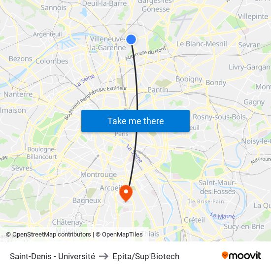 Saint-Denis - Université to Epita/Sup'Biotech map