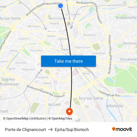 Porte de Clignancourt to Epita/Sup'Biotech map