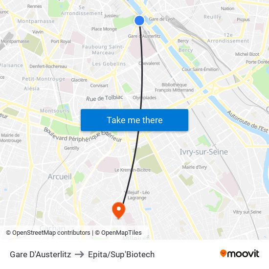 Gare D'Austerlitz to Epita/Sup'Biotech map