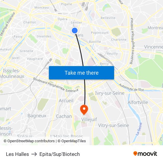 Les Halles to Epita/Sup'Biotech map