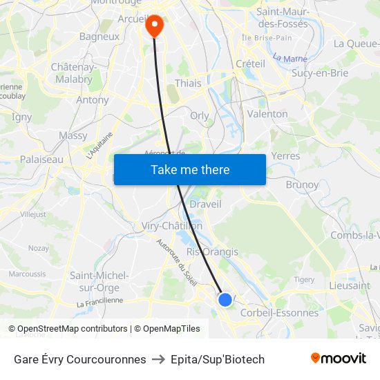 Gare Évry Courcouronnes to Epita/Sup'Biotech map