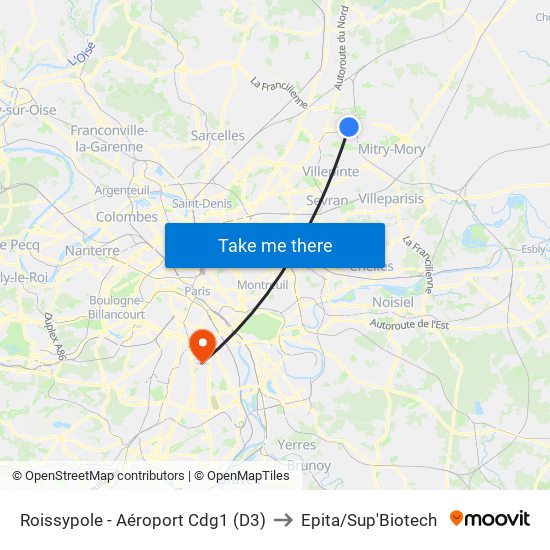 Roissypole - Aéroport Cdg1 (D3) to Epita/Sup'Biotech map