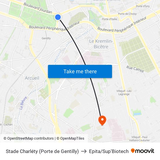 Stade Charléty (Porte de Gentilly) to Epita/Sup'Biotech map