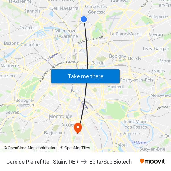 Gare de Pierrefitte - Stains RER to Epita/Sup'Biotech map