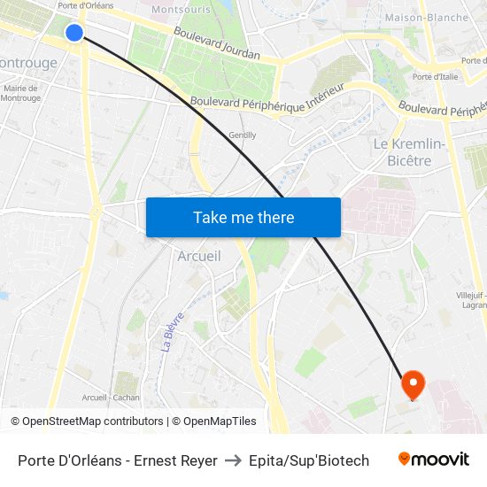 Porte D'Orléans - Ernest Reyer to Epita/Sup'Biotech map