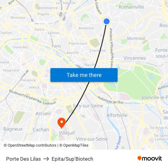 Porte Des Lilas to Epita/Sup'Biotech map