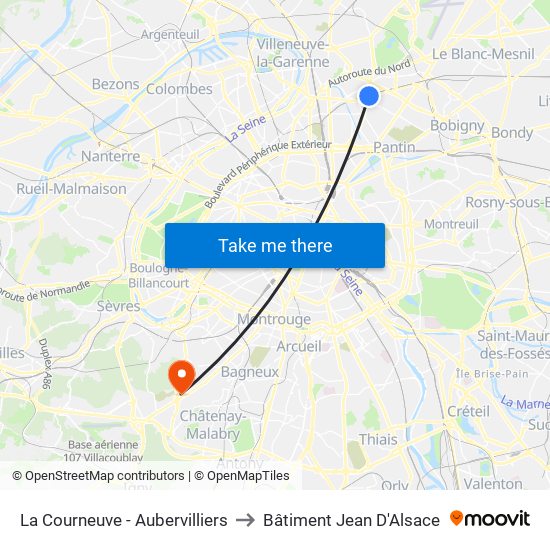La Courneuve - Aubervilliers to Bâtiment Jean D'Alsace map