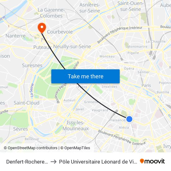 Denfert-Rochereau to Pôle Universitaire Léonard de Vinci map