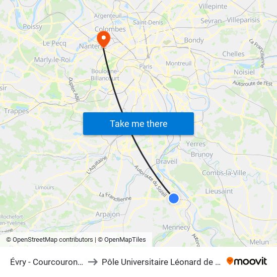 Évry - Courcouronnes to Pôle Universitaire Léonard de Vinci map