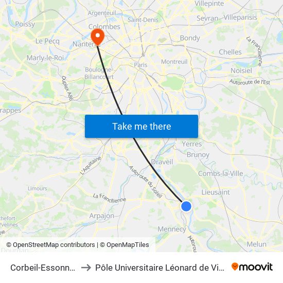 Corbeil-Essonnes to Pôle Universitaire Léonard de Vinci map