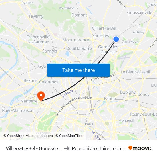Villiers-Le-Bel - Gonesse - Arnouville to Pôle Universitaire Léonard de Vinci map