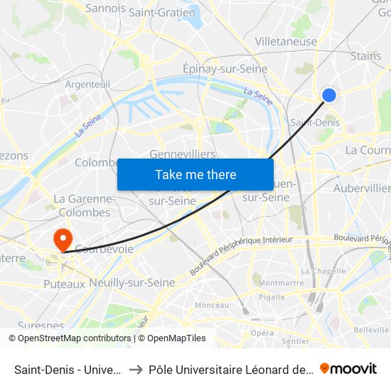 Saint-Denis - Université to Pôle Universitaire Léonard de Vinci map
