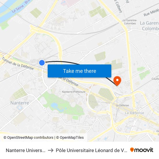 Nanterre Université to Pôle Universitaire Léonard de Vinci map