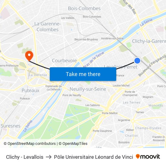 Clichy - Levallois to Pôle Universitaire Léonard de Vinci map