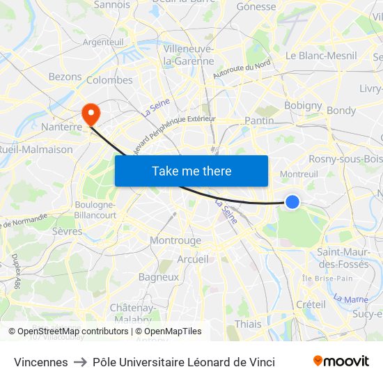 Vincennes to Pôle Universitaire Léonard de Vinci map