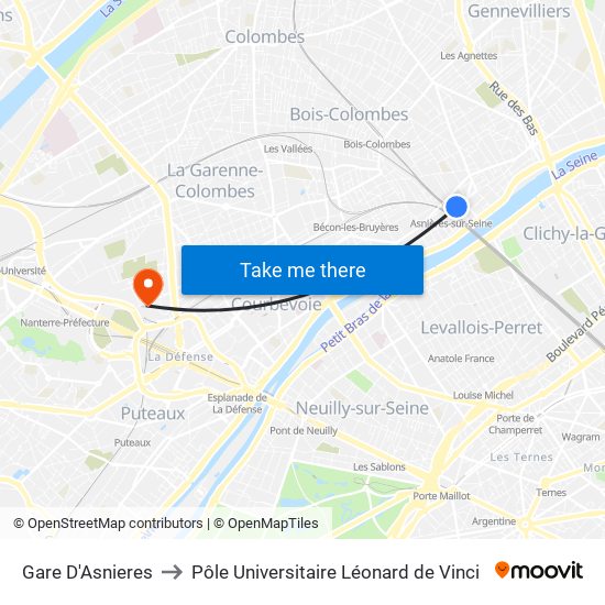 Gare D'Asnieres to Pôle Universitaire Léonard de Vinci map