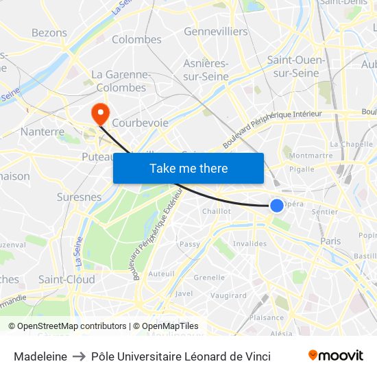 Madeleine to Pôle Universitaire Léonard de Vinci map