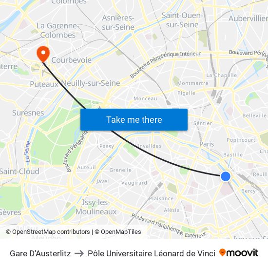 Gare D'Austerlitz to Pôle Universitaire Léonard de Vinci map