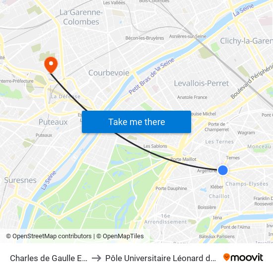 Charles de Gaulle Etoile to Pôle Universitaire Léonard de Vinci map
