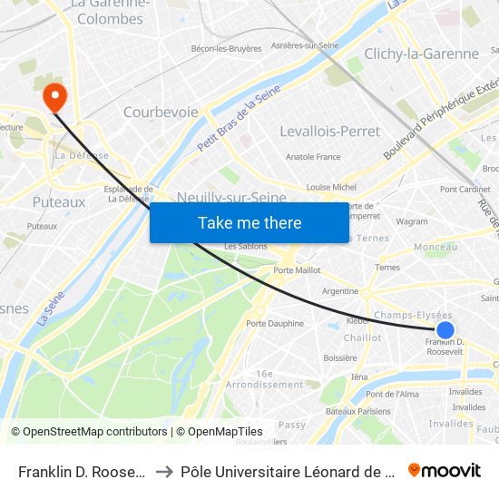 Franklin D. Roosevelt to Pôle Universitaire Léonard de Vinci map