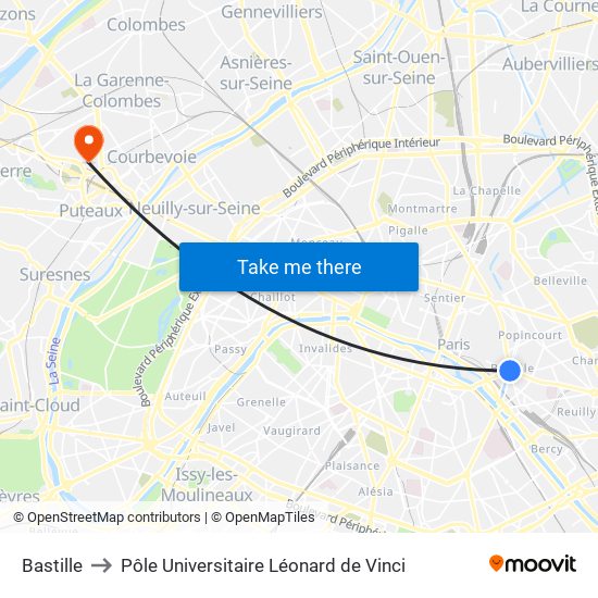 Bastille to Pôle Universitaire Léonard de Vinci map