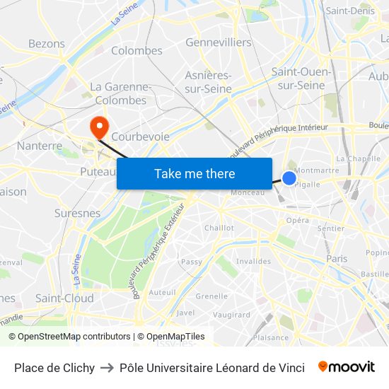 Place de Clichy to Pôle Universitaire Léonard de Vinci map