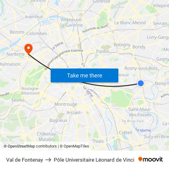 Val de Fontenay to Pôle Universitaire Léonard de Vinci map