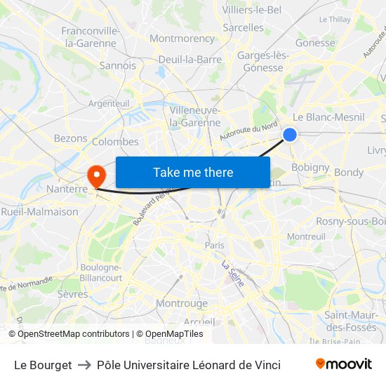 Le Bourget to Pôle Universitaire Léonard de Vinci map