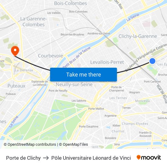 Porte de Clichy to Pôle Universitaire Léonard de Vinci map