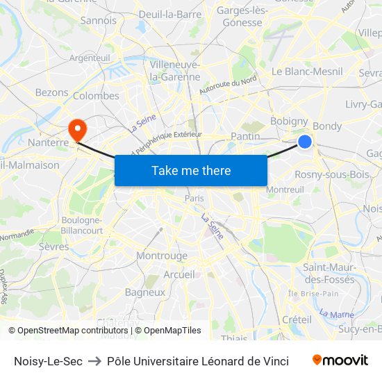 Noisy-Le-Sec to Pôle Universitaire Léonard de Vinci map
