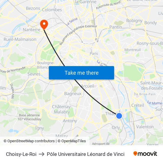 Choisy-Le-Roi to Pôle Universitaire Léonard de Vinci map