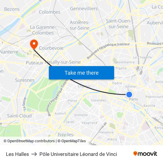 Les Halles to Pôle Universitaire Léonard de Vinci map