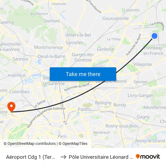 Aéroport Cdg 1 (Terminal 3) to Pôle Universitaire Léonard de Vinci map