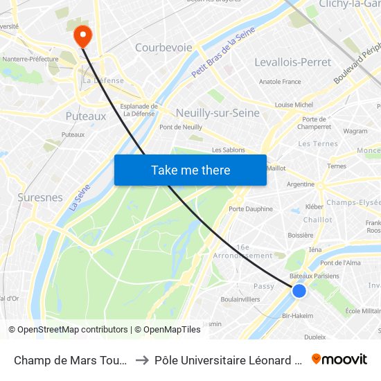 Champ de Mars Tour Eiffel to Pôle Universitaire Léonard de Vinci map
