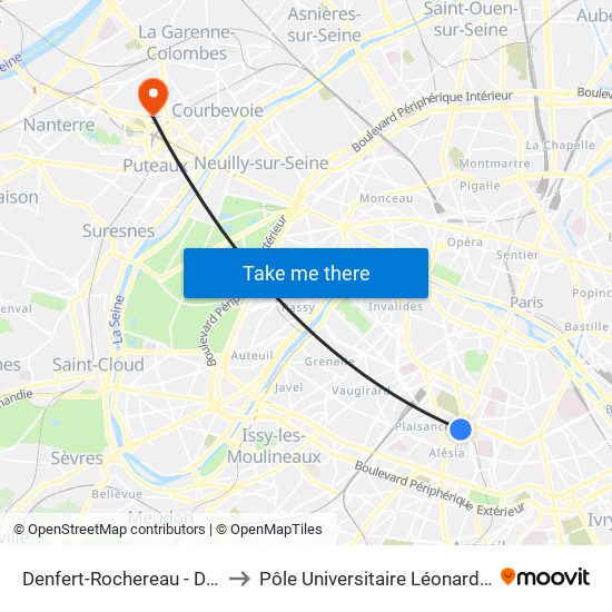 Denfert-Rochereau - Daguerre to Pôle Universitaire Léonard de Vinci map